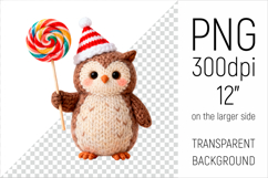 Knitted Christmas Owl with Lollipop. This illustration is created in a soft, cozy, handmade knit style, making it ideal for seasonal crafts and gifts.