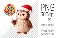 Knitted Christmas Owl with Lollipop. This illustration is created in a soft, cozy, handmade knit style, making it ideal for seasonal crafts and gifts.