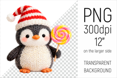 Knitted Christmas Penguin with Lollipop Clipart. This illustration is created in a soft, cozy, handmade knit style, making it ideal for seasonal crafts and gifts.