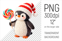 Knitted Christmas Penguin with Lollipop Clipart. This illustration is created in a soft, cozy, handmade knit style, making it ideal for seasonal crafts and gifts.