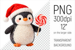 Knitted Christmas Penguin with Lollipop Clipart. This illustration is created in a soft, cozy, handmade knit style, making it ideal for seasonal crafts and gifts.