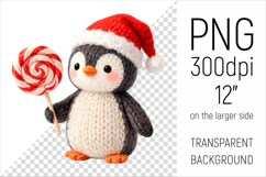 Knitted Christmas Penguin with Lollipop Clipart. This illustration is created in a soft, cozy, handmade knit style, making it ideal for seasonal crafts and gifts.