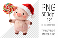 Knitted Christmas Pig with Lollipop. This illustration is created in a soft, cozy, handmade knit style, making it ideal for seasonal crafts and gifts.