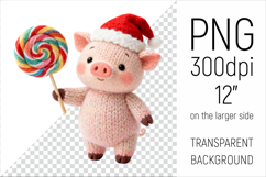 Knitted Christmas Pig with Lollipop. This illustration is created in a soft, cozy, handmade knit style, making it ideal for seasonal crafts and gifts.