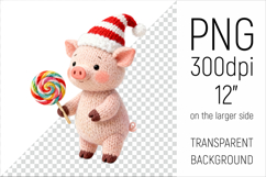 Knitted Christmas Pig with Lollipop. This illustration is created in a soft, cozy, handmade knit style, making it ideal for seasonal crafts and gifts.