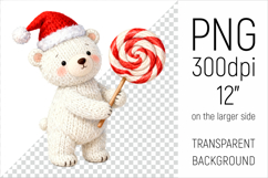 Knitted Christmas Polar Bear with Lollipop. This illustration is created in a soft, cozy, handmade knit style, making it ideal for seasonal crafts and gifts.