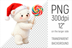 Knitted Christmas Polar Bear with Lollipop. This illustration is created in a soft, cozy, handmade knit style, making it ideal for seasonal crafts and gifts.