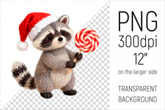 Knitted Christmas Raccoon with Lollipop. This illustration is created in a soft, cozy, handmade knit style, making it ideal for seasonal crafts and gifts.