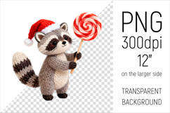 Knitted Christmas Raccoon with Lollipop. This illustration is created in a soft, cozy, handmade knit style, making it ideal for seasonal crafts and gifts.