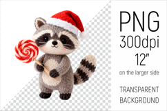 Knitted Christmas Raccoon with Lollipop. This illustration is created in a soft, cozy, handmade knit style, making it ideal for seasonal crafts and gifts.