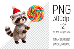 Knitted Christmas Raccoon with Lollipop. This illustration is created in a soft, cozy, handmade knit style, making it ideal for seasonal crafts and gifts.