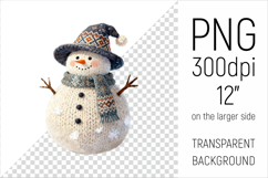 Knitted Christmas Snowman Clipart. This illustration is created in a soft, cozy, handmade knit style, making it ideal for seasonal crafts, gifts, and digital creations.