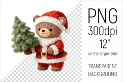 Knitted Christmas Teddy Bear with Firtree Clipart. This illustration is created in a cozy, handmade knit style, making it ideal for seasonal crafts, and gifts