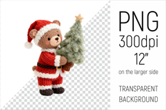 Knitted Christmas Teddy Bear with Firtree Clipart. This illustration is created in a cozy, handmade knit style, making it ideal for seasonal crafts, and gifts