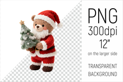 Knitted Christmas Teddy Bear with Firtree Clipart. This illustration is created in a cozy, handmade knit style, making it ideal for seasonal crafts, and gifts