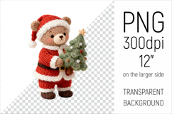 Knitted Christmas Teddy Bear with Firtree Clipart. This illustration is created in a cozy, handmade knit style, making it ideal for seasonal crafts, and gifts