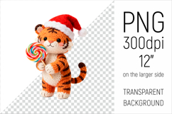 Knitted Christmas Tiger with Lollipop. This illustration is created in a soft, cozy, handmade knit style, making it ideal for seasonal crafts and gifts.
