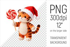 Knitted Christmas Tiger with Lollipop. This illustration is created in a soft, cozy, handmade knit style, making it ideal for seasonal crafts and gifts.