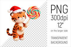 Knitted Christmas Tiger with Lollipop. This illustration is created in a soft, cozy, handmade knit style, making it ideal for seasonal crafts and gifts.