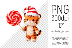 Knitted Christmas Tiger with Lollipop. This illustration is created in a soft, cozy, handmade knit style, making it ideal for seasonal crafts and gifts.