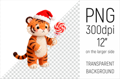 Knitted Christmas Tiger with Lollipop. This illustration is created in a soft, cozy, handmade knit style, making it ideal for seasonal crafts and gifts.