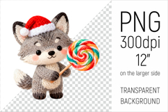 Knitted Christmas  Wolf with Lollipop. This illustration is created in a soft, cozy, handmade knit style, making it ideal for seasonal crafts and gifts.