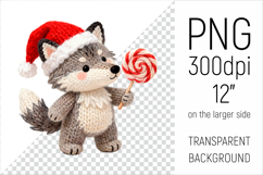 Knitted Christmas  Wolf with Lollipop. This illustration is created in a soft, cozy, handmade knit style, making it ideal for seasonal crafts and gifts.
