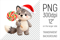 Knitted Christmas  Wolf with Lollipop. This illustration is created in a soft, cozy, handmade knit style, making it ideal for seasonal crafts and gifts.