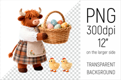 Knitted Cow with Easter Basket and Chicks. Farm Animal Clipart. Ideal for sublimation projects, nursery decor, classroom materials, and digital products.