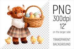 Knitted Cow with Easter Basket and Chicks. Farm Animal Clipart. Ideal for sublimation projects, nursery decor, classroom materials, and digital products.