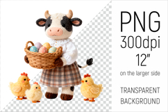 Knitted Cow with Easter Basket and Chicks. Farm Animal Clipart. Ideal for sublimation projects, nursery decor, classroom materials, and digital products.