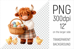 Knitted Cow with Easter Basket and Chicks. Farm Animal Clipart. Ideal for sublimation projects, nursery decor, classroom materials, and digital products.