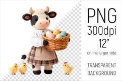 Knitted Cow with Easter Basket and Chicks. Farm Animal Clipart. Ideal for sublimation projects, nursery decor, classroom materials, and digital products.