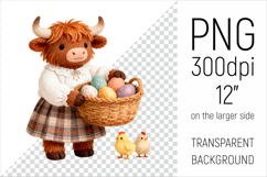 Knitted Cow with Easter Basket and Chicks. Farm Animal Clipart. Ideal for sublimation projects, nursery decor, classroom materials, and digital products.