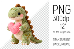 Knitted Dino with Heart Clipart. This illustration is perfect for Valentines Day projects, nursery decor, baby gifts, and cute sublimation designs.