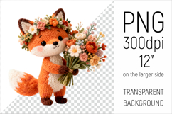 Knitted Fox with Flowers Clipart. Perfect for Mothers Day gifts, birthday designs, spring celebrations, and heartfelt handmade creations.