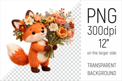 Knitted Fox with Flowers Clipart. Perfect for Mothers Day gifts, birthday designs, spring celebrations, and heartfelt handmade creations.