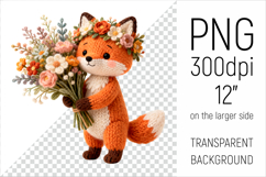 Knitted Fox with Flowers Clipart. Perfect for Mothers Day gifts, birthday designs, spring celebrations, and heartfelt handmade creations.