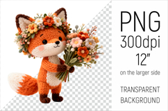Knitted Fox with Flowers Clipart. Perfect for Mothers Day gifts, birthday designs, spring celebrations, and heartfelt handmade creations.