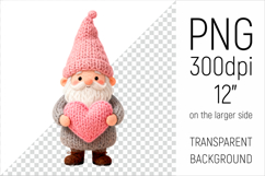 Knitted Gnome with Heart. Ideal for sublimation, Valentines Day gifts, greeting cards, mugs, pillows, T-shirts, tote bags, stickers, scrapbooking, and printable decor.