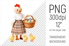 Knitted Hen with Easter Basket and Chicks. Amigurumi Farm Animal Clipart. Ideal for sublimation projects, mugs, T-shirts, pillows, greeting cards, stickers, nursery decor, classroom materials, scrapbooking, and digital products.