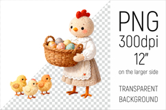 Knitted Hen with Easter Basket and Chicks. Amigurumi Farm Animal Clipart. Ideal for sublimation projects, mugs, T-shirts, pillows, greeting cards, stickers, nursery decor, classroom materials, scrapbooking, and digital products.