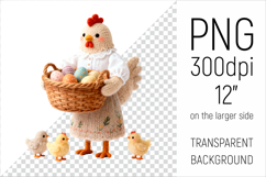 Knitted Hen with Easter Basket and Chicks. Amigurumi Farm Animal Clipart. Ideal for sublimation projects, mugs, T-shirts, pillows, greeting cards, stickers, nursery decor, classroom materials, scrapbooking, and digital products.