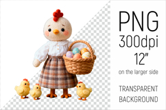 Knitted Hen with Easter Basket and Chicks. Amigurumi Farm Animal Clipart. Ideal for sublimation projects, mugs, T-shirts, pillows, greeting cards, stickers, nursery decor, classroom materials, scrapbooking, and digital products.