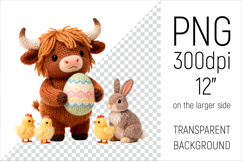 Knitted Highland Cow with Easter Egg and Chicks Clipart. Great for sublimation, mugs, T-shirts, greeting cards, stickers, nursery decor, classroom materials, scrapbooking, and digital products.