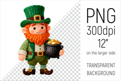 Knitted Leprechaun with Pot of Gold. Ideal for sublimation, mugs, T-shirts, greeting cards, stickers, classroom decor, party decorations, scrapbooking, and digital designs.