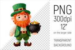 Knitted Leprechaun with Pot of Gold. Ideal for sublimation, mugs, T-shirts, greeting cards, stickers, classroom decor, party decorations, scrapbooking, and digital designs.