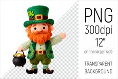 Knitted Leprechaun with Pot of Gold. Ideal for sublimation, mugs, T-shirts, greeting cards, stickers, classroom decor, party decorations, scrapbooking, and digital designs.
