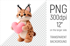 Knitted Lynx Cat with Heart. Valentine Clipart. Ideal for sublimation projects, Valentines Day gifts, mugs, T-shirts, cards, stickers, scrapbooking, nursery decor, planners, and digital crafts.