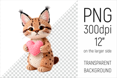 Knitted Lynx Cat with Heart. Valentine Clipart. Ideal for sublimation projects, Valentines Day gifts, mugs, T-shirts, cards, stickers, scrapbooking, nursery decor, planners, and digital crafts.